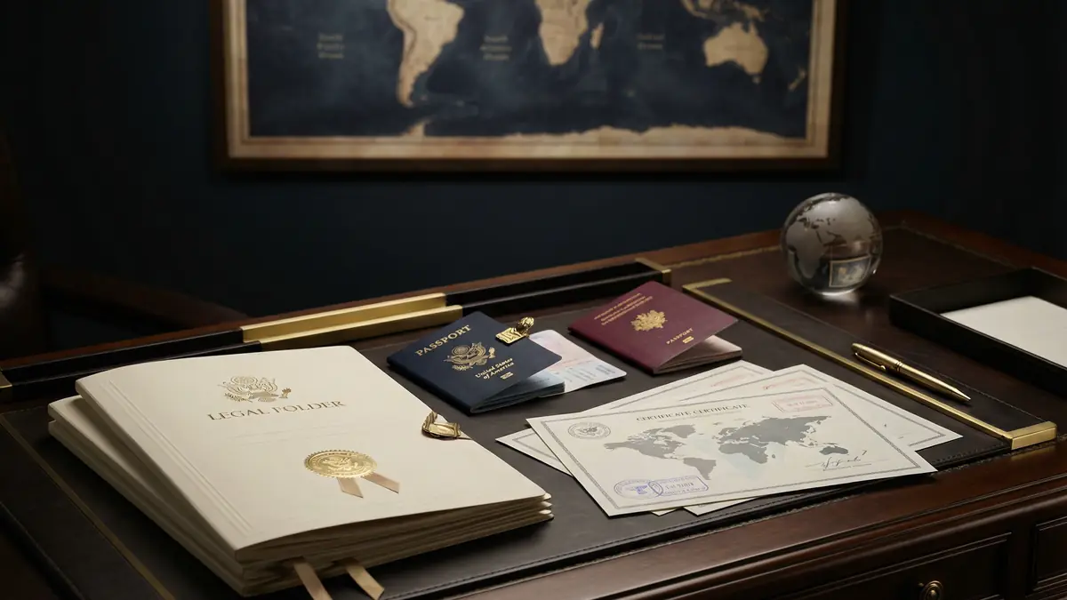 Carpeta legal, pasaportes y certificados preparados para una solicitud de visa