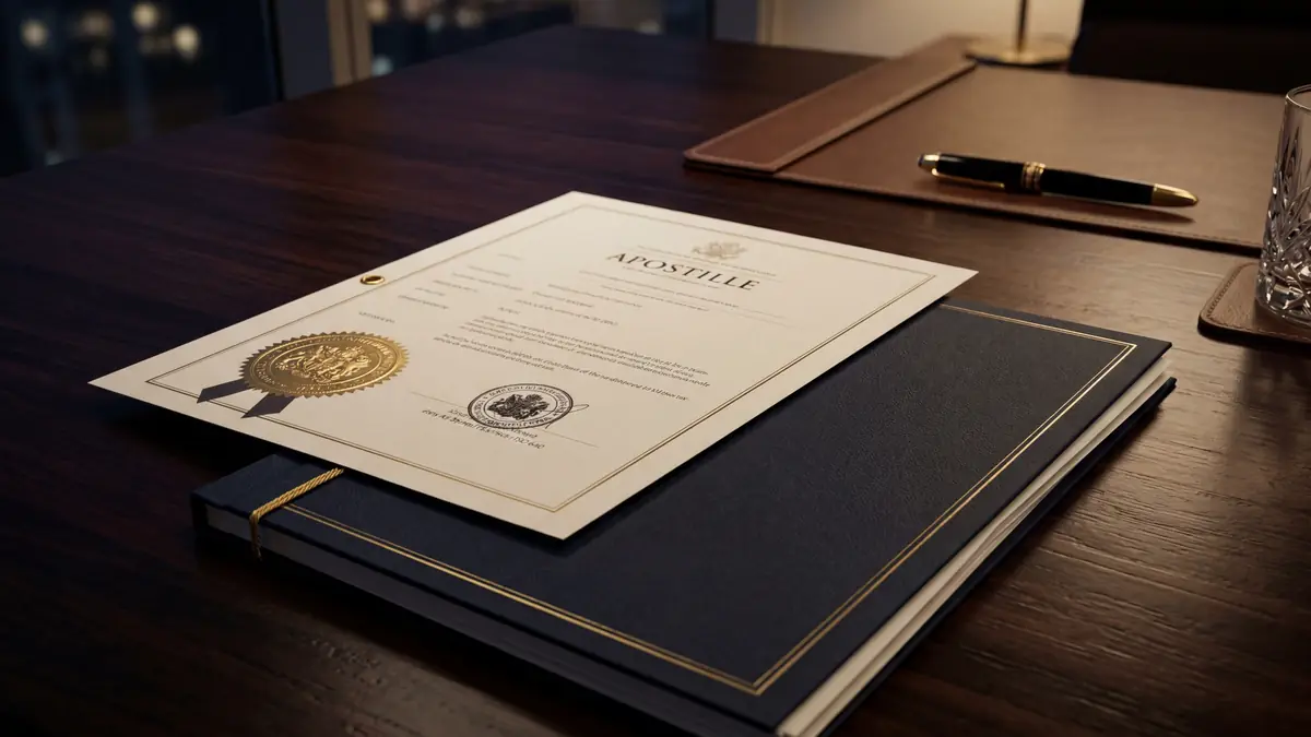 Certificado con apostilla sobre un escritorio, junto a otros documentos personales y corporativos