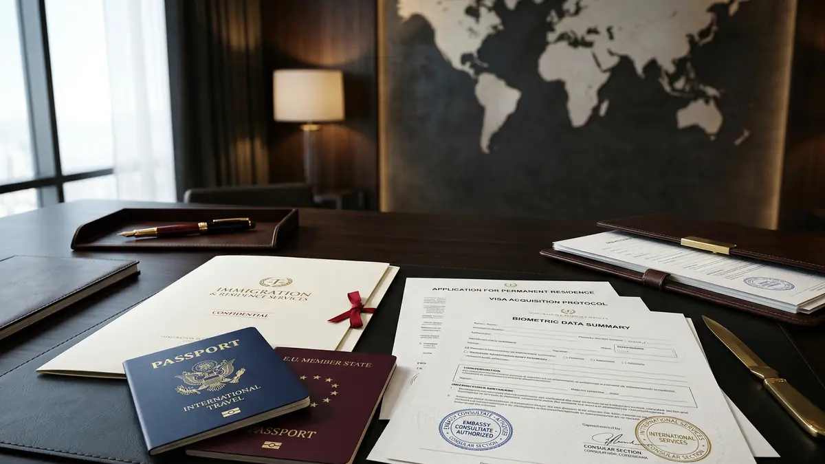 Pasaporte y documentos de inmigración preparados para una solicitud de visa