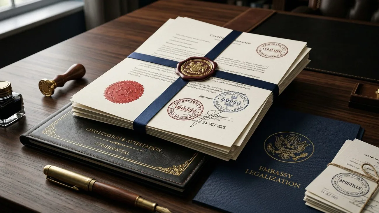 Legalización consular — documentos con sellos y cinta
