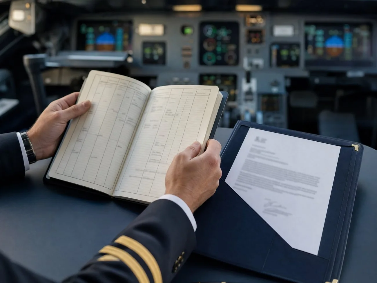 Piloto revisando su logbook y carta de experiencia en la cabina