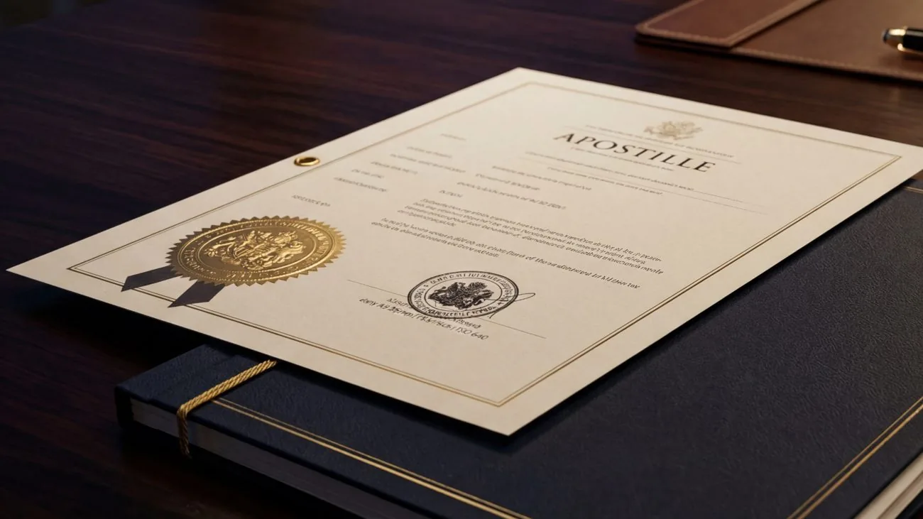 Apostilla — documento con sello dorado y pasaporte